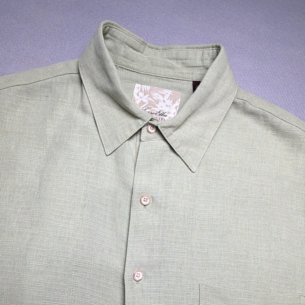 Tasso Elba Island Shirt Mens Large Green Silk Linen Short Sleeve Button Down